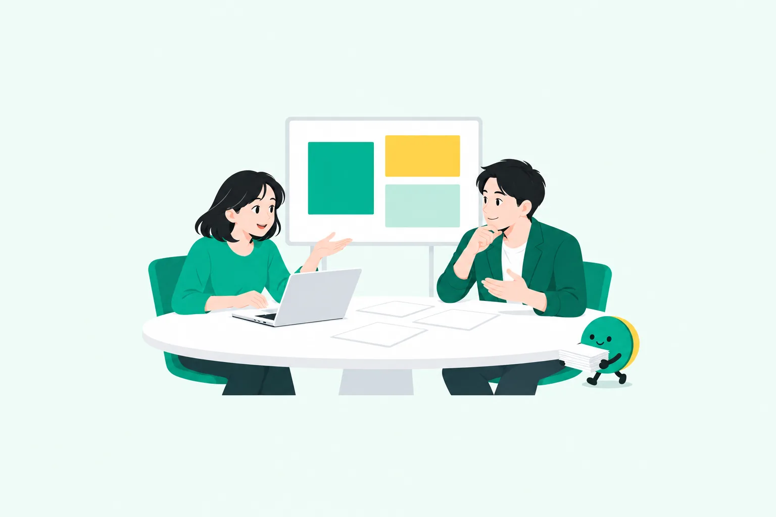 会議のテーブルでノートパソコンを開いて話す2人と、資料を運ぶ緑の丸いボタンのキャラクターのイラスト