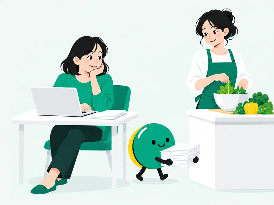 机でノートパソコンに向かう人と台所で料理する人のそばで、緑の丸いボタンのキャラクターが書類を運んで手伝っているイラスト